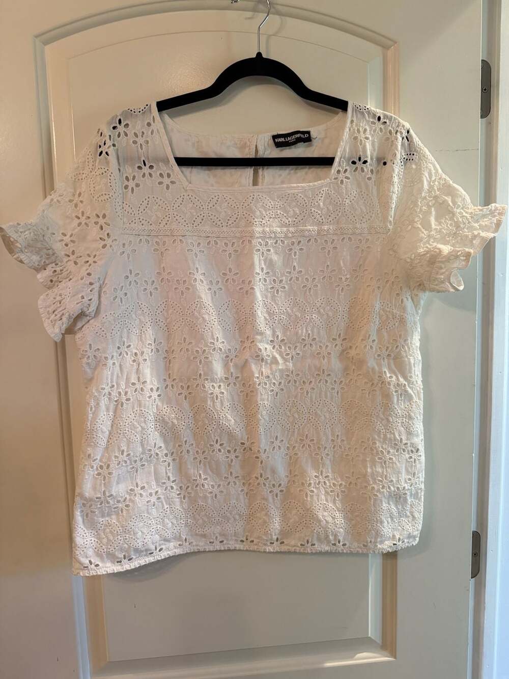 Karl Lagerfeld Paris Eyelet Square Neck Top White